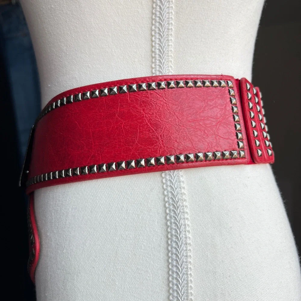 Y2K Studded Asymmetrical Elastic Cinch Waist Belt Statement Red Punk Thick Wide
